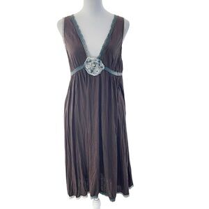 Free People Brown Midi Dress with Teal Lace & Floral Accent